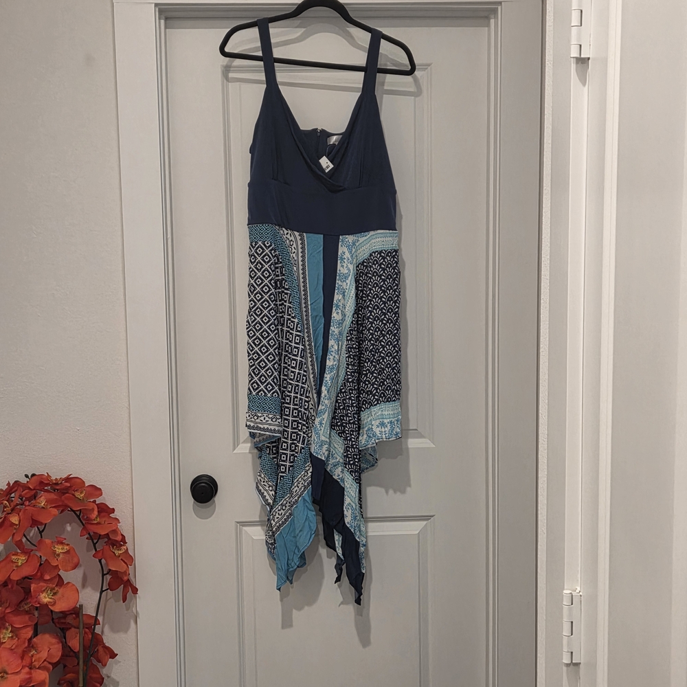 The Avenue Blue Multi Patterned Handkerchief Hem Dress Size 14/16 NWT